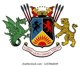 Vector heraldic illustration in vintage style with shield, crown, leopards, wyvern and knight helmet for design 