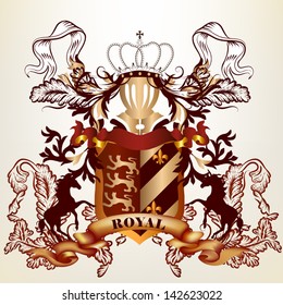 Vector heraldic illustration in vintage style with shield, armor, crown and swirl ornament for design