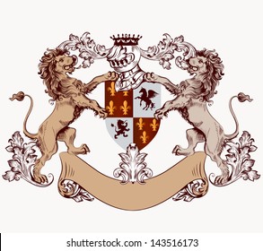 Vector heraldic illustration in vintage style with shield, armor, crown and lions for design