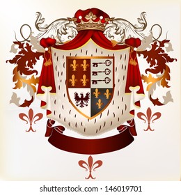 Vector heraldic illustration in vintage style with shield, armor, crown and swirl ornament for design