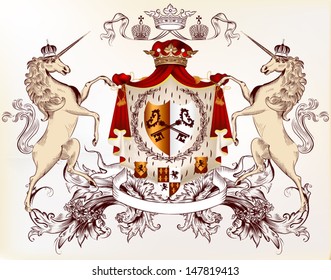 Vector heraldic illustration in vintage style with shield, armor, crown and horses for design