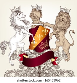 Vector heraldic illustration in vintage style with shield, armor, crown and horses for design