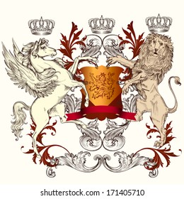 Vector heraldic illustration in vintage style with shield, lion, crown and winged horse for design
