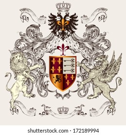 Vector heraldic illustration in vintage style with shield, lion, crown and winged griffin for design