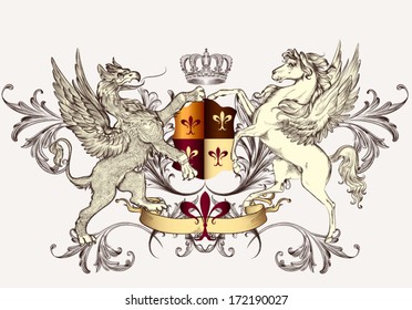 Vector heraldic illustration in vintage style with shield, griffin, crown and winged horse for design