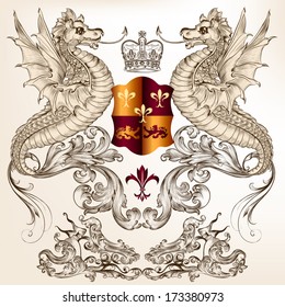 Vector heraldic illustration in vintage style with shield, crown and winged dragon  for design