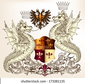 Vector heraldic illustration in vintage style with shield, crown and winged dragon  for design