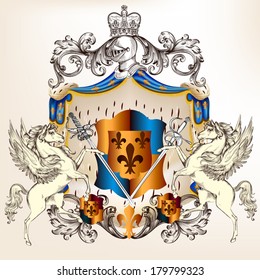 Vector heraldic illustration in vintage style with shield, armor, crown and swirl ornament for design