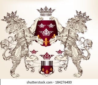 Vector heraldic illustration in vintage style with shield, armor, crown and lions for design