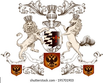 Vector heraldic illustration in vintage style with shield, lion, crown and horse for design