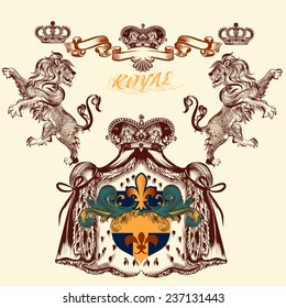 Vector heraldic illustration in vintage style with shield, armor, crown and lions for design
