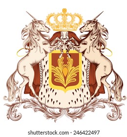 Vector heraldic illustration in vintage style with shield, unicorns and crown