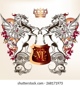 Vector heraldic illustration in vintage style with shield, crown and horses for design