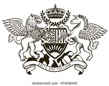 Vector heraldic illustration in vintage style with shield, crown, Griffin and Pegasus for design