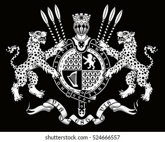 Vector heraldic illustration in vintage style with shield, crown, leopards and knight helmet for design