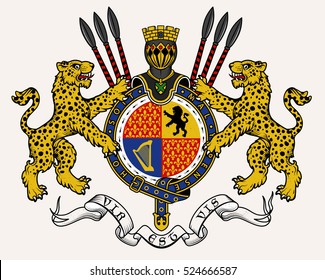 Vector heraldic illustration in vintage style with shield, crown, leopards and knight helmet for design