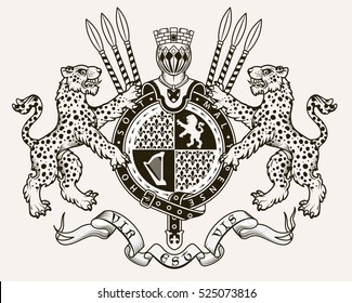 Vector heraldic illustration in vintage style with shield, crown, leopards and knight helmet for design