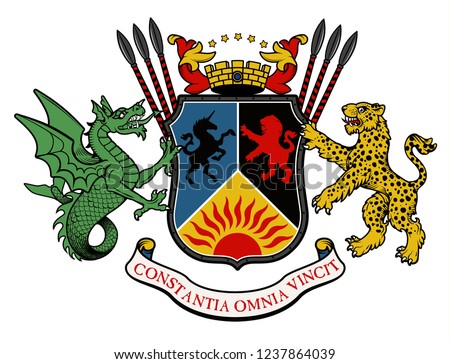Vector heraldic illustration in vintage style with shield, crown, leopards, wyvern and knight helmet for design 