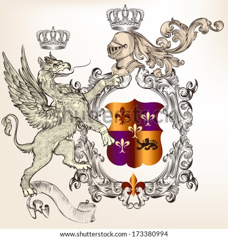 Vector heraldic illustration in vintage style with shield, crown and winged griffin for design