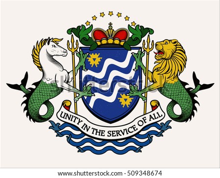 Vector heraldic illustration in vintage style with shield, crown,sea-lion and hippo-campus  for design