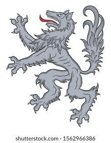 Vector heraldic rampant gray wolf on the white background
