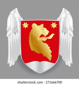Vector heraldic royal crests coat of arms. Heraldry coat of arms template. Aggressive lion head isolated on red shield. 