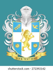 Vector heraldic royal crests coat of arms. Heraldry shield template with lion portrait, gold branch, dove bird and star shape on blue and white shield.