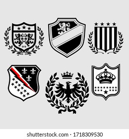 Vector Heraldic Set Of Illustration In Vintage Style With Shield, Crown, Different Beasts And Knight Helmet For Design