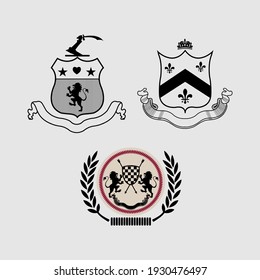 Vector heraldic set of illustration in vintage style with shield, crown, different beasts and knight helmet for design