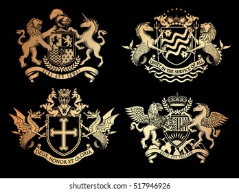 Vector heraldic set of illustration in vintage style with shield, crown, different beasts and knight helmet for design