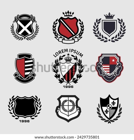 Vector heraldic set of illustration in vintage style with shield, crown, different beasts and knight helmet for design.