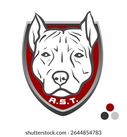 Escudo heráldico vetor American Staffordshire Terrier cabeça centrada na Borgonha com moldura cinza metálico. Iniciais A.S.T sob a mandíbula Emblema formal escalável para certificados de canil ou raça orgulho merch