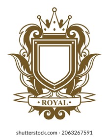 Vector heraldic shield with floral decoration and crown. 