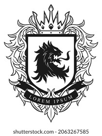Vector heraldic shield with lion head and floral decoration.