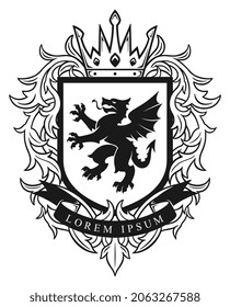 Escudo heráldico vectorial con dragón desenfrenado y decoración floral.