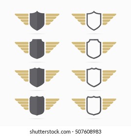 Vector heraldic shield and wings symbol combination. Unique security and protection icon design template.