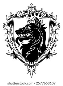 Vector heraldic shield with wolf king and floral decoration.