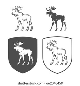 Vector heraldic shields with elk on a white background. Coat of arms, heraldry, emblem, symbol design elements.