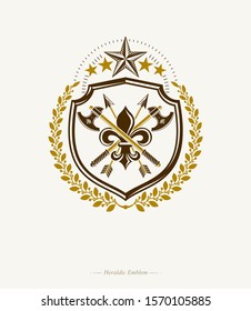 Vector heraldic sign made with decorative elements, vintage majestic emblem.