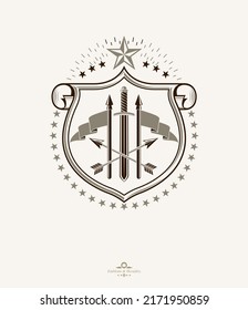 Señal heráldica vectorial hecha con elementos decorativos, emblema majestuoso vintage.