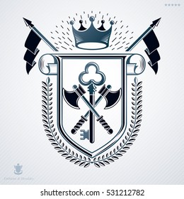 Vector heraldic sign made with decorative elements, vintage majestic emblem.