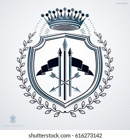 Vector heraldic sign made with decorative elements, vintage majestic emblem.