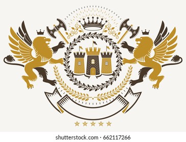 Vector heraldry emblem composed with decorative heraldic elements like gryphon, medieval stronghold and hatchets.