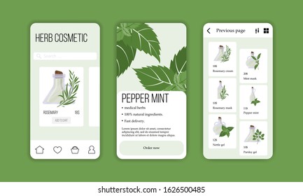 Vector herb cosmetic shop mobile application template. Modern illustration for design and web.