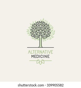 Vector herbal and alternative medicine logo design template in trendy linear style - holistic therapy concept - growing tree illustration