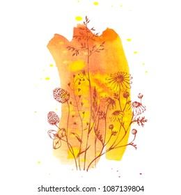 Vector herbal background with ink drawn plants and herbs on yellow watercolor blots . Hand drawn botanical illustration in sketch style for card, invitation, print, book illustration and other herbal.