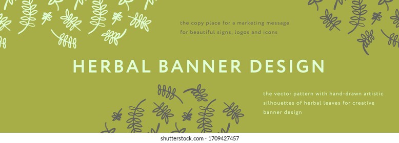 Vector herbal banner with drawings of herbs leaves. Natural cosmetic image. Leaf silhouette pattern, eco store, healthy food image. Botanical background for bio banner, summer events.