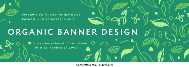 Vector herbal banner with drawings of herbs. Natural cosmetic label. Leaf silhouette for eco store, healthy food. Botanical background for bio pattern, herbal medicine with organic illustrations.