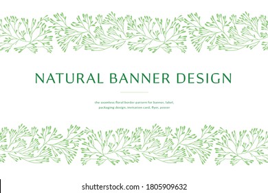 Vector herbal banner with drawings of herbs. Natural cosmetic label. Leaf silhouette for eco store, healthy food. Botanical border for bio pattern, herbal medicine with organic illustrations.