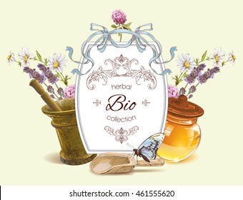 Vector herbal banner with mortar,honey,wild flowers and herbs. Design for herbal tea, natural cosmetics, health care products, homeopathy, aromatherapy. With place for text. Can be used as logo design